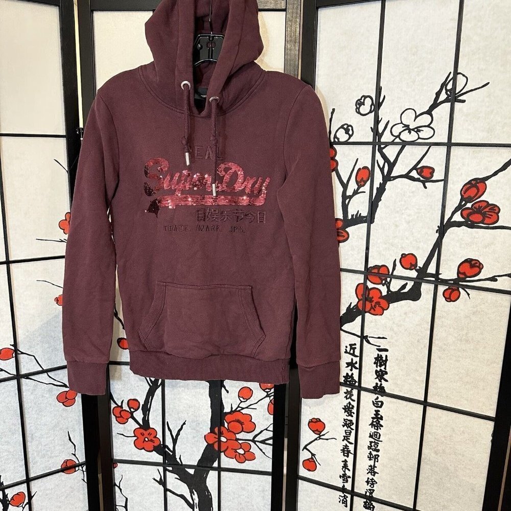 Superdry Hoodie US 4 Cotton Pullover Jumper Sweatshirt Burgundy Sequin Logo